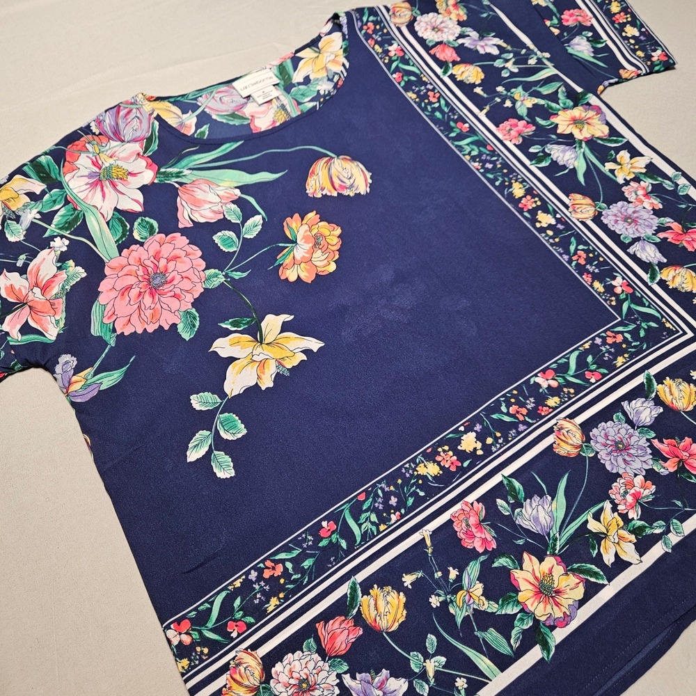 Liz Claiborne Blouse Womens Medium Navy Blue Floral Scarf Print Short Sleeve Top